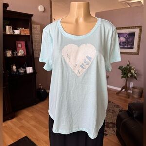 Style & Co light blue & white “heart USA” blouse-size PXL-NWT